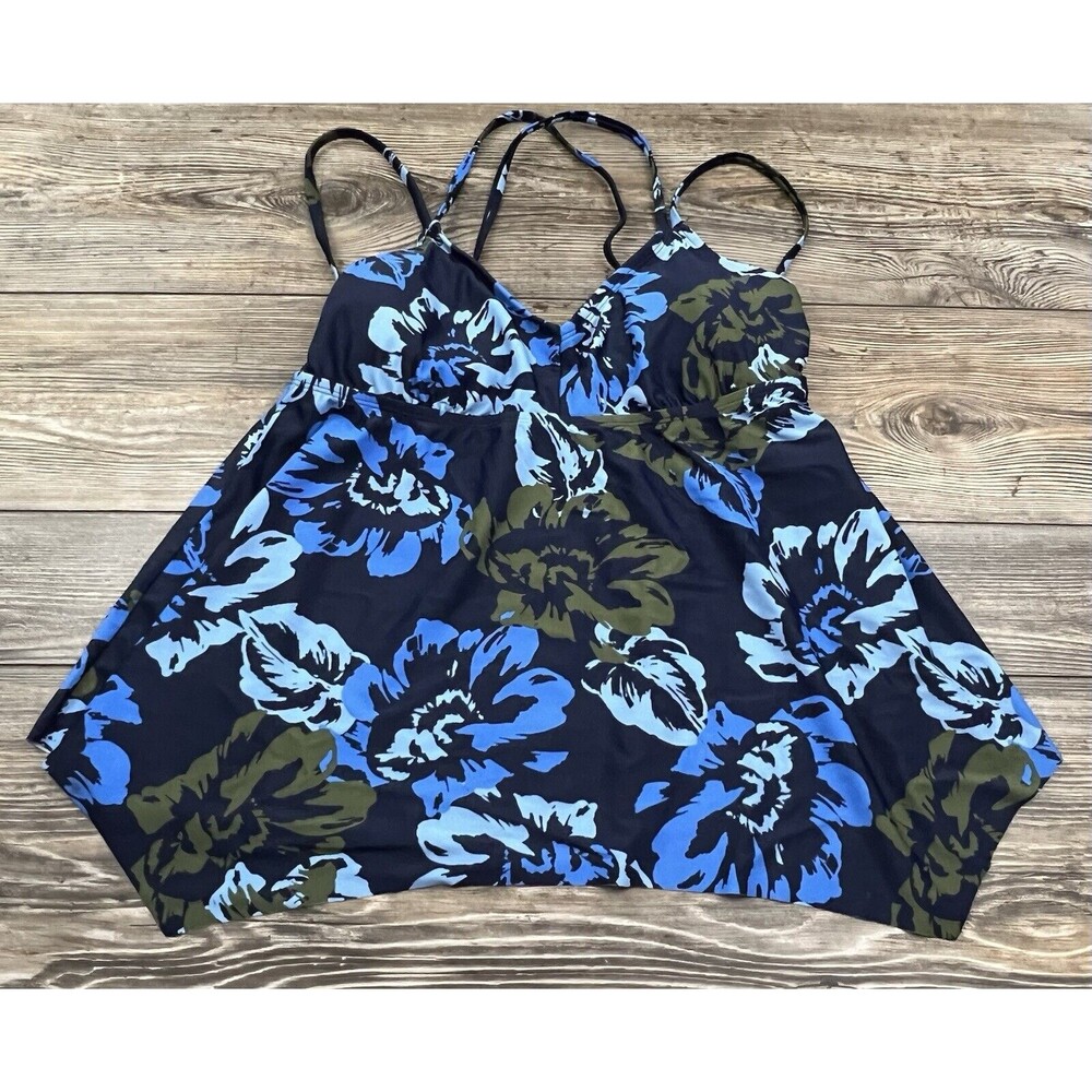 Kona Sol Women's Tankini Top Double Strap V-neck Floral Blue Size MED